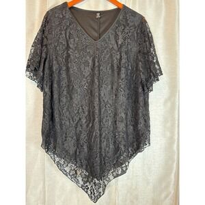 Shein Curve Black Lace V Neck Flutter‎ Sleeve Asymmetrical Bodysuit 1XL